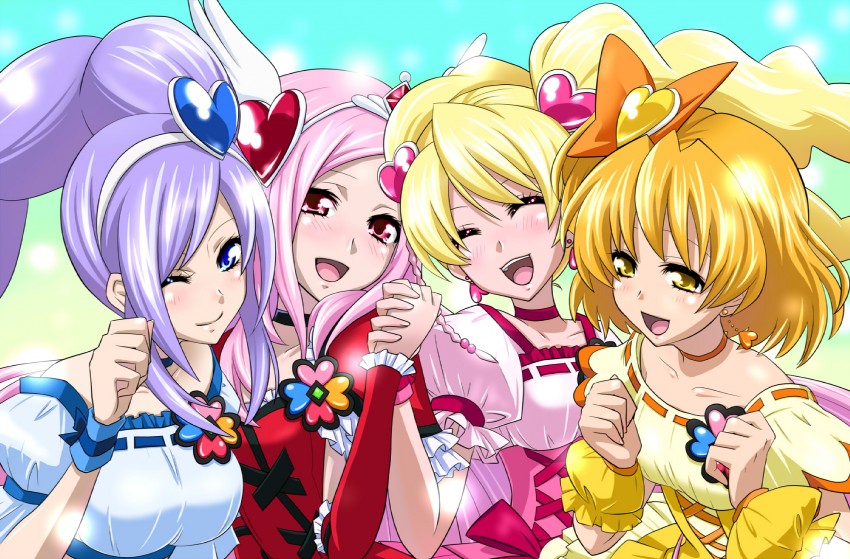 higashi setsuna, momozono love, cure peach, yamabuki inori, aono miki, and 3 more (precure and 1 more) drawn by yuu_(derodero)