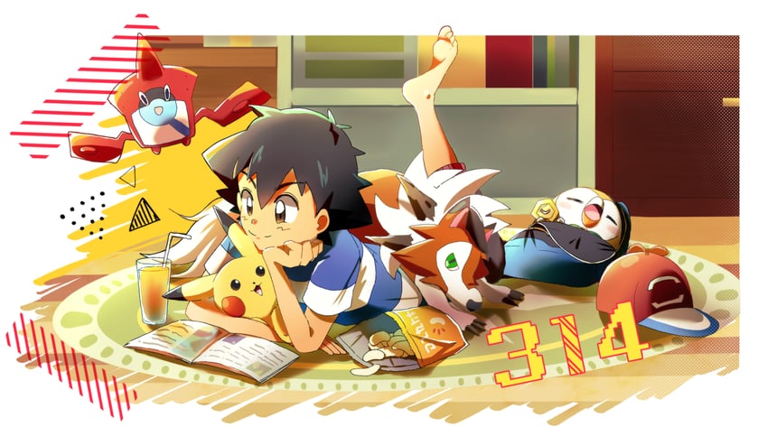 pikachu, ash ketchum, rotom, rowlet, lycanroc, and 2 more (pokemon and 1 more) drawn by hatsu8282