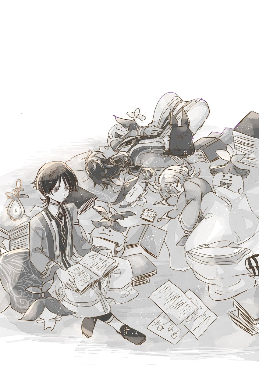 scaramouche, wanderer, cyno, aranara, collei, and 1 more (genshin impact) drawn by ottottouta