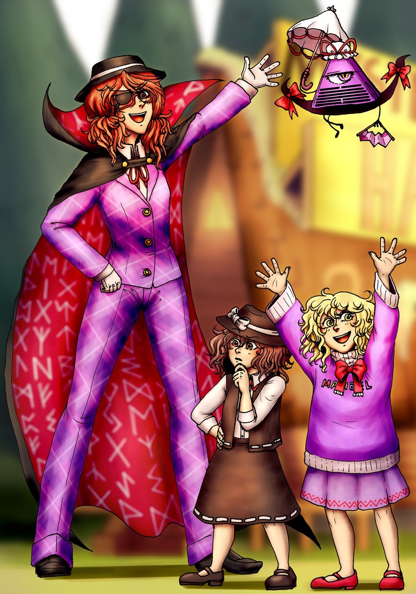 yakumo yukari, usami renko, maribel hearn, usami sumireko, and bill cipher (touhou and 1 more) drawn by moonywitcher