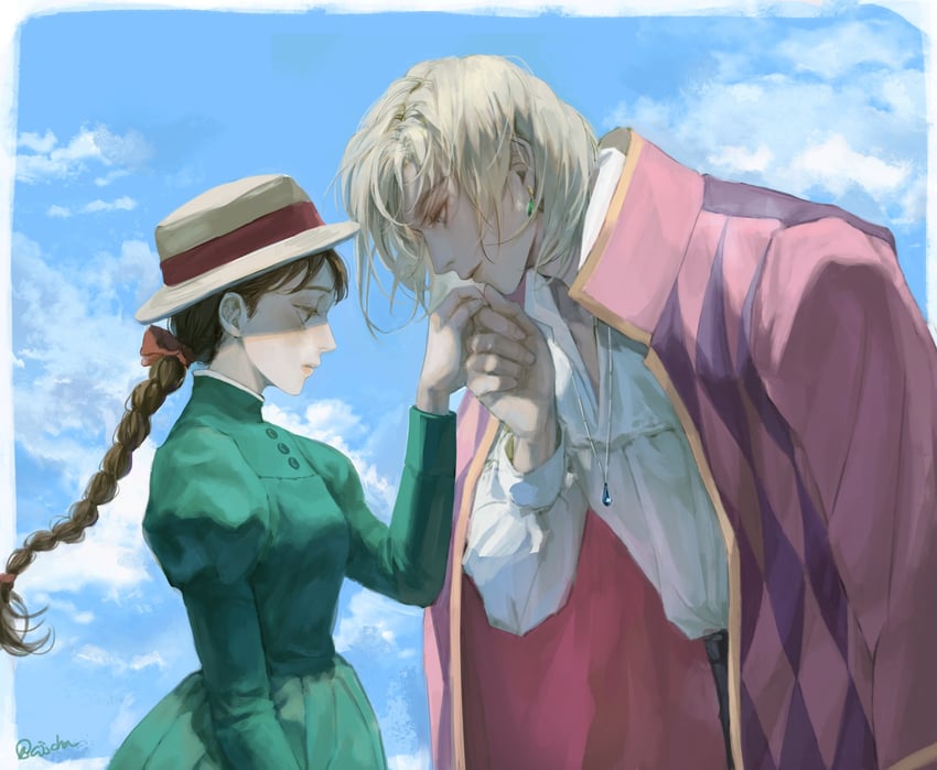 howl pendragon and sophie hatter (howl no ugoku shiro) drawn by cjjcha