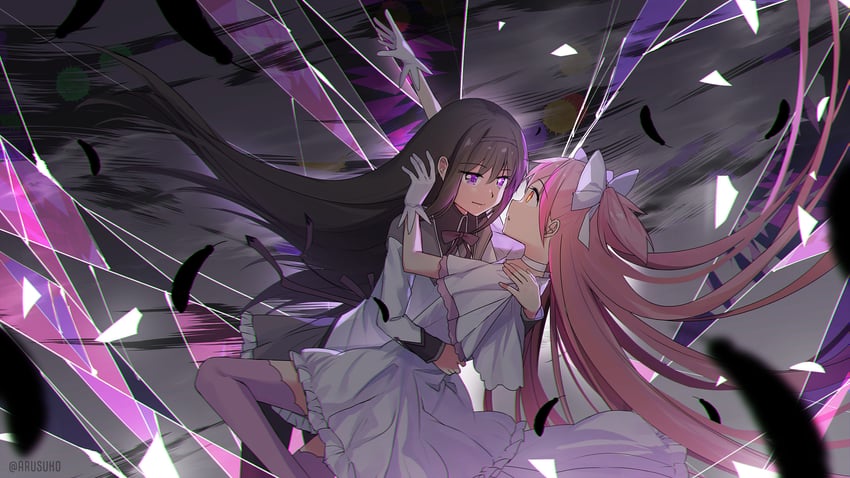 akemi homura, kaname madoka, and ultimate madoka (mahou shoujo madoka magica) drawn by arusuko