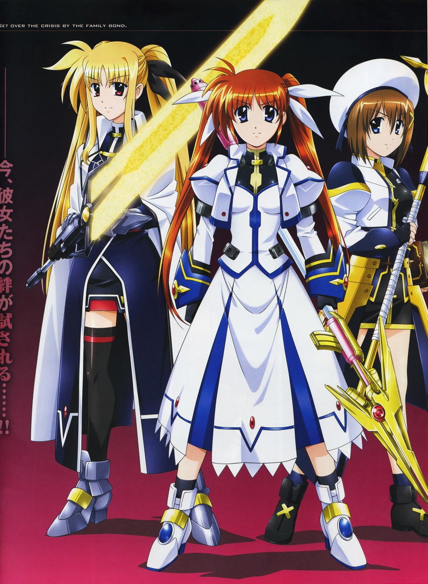 fate testarossa, takamachi nanoha, yagami hayate, raising heart, bardiche, and 2 more (lyrical nanoha and 1 more) drawn by okuda_yasuhiro