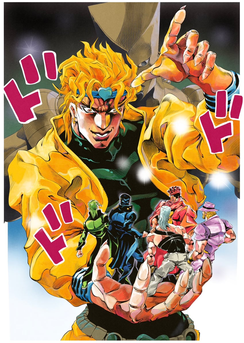 joseph joestar, kujo jotaro, dio brando, kakyoin noriaki, jean pierre polnareff, and 2 more (jojo no kimyou na bouken and 1 more) drawn by ark_nemesis