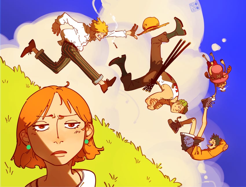nami, monkey d. luffy, roronoa zoro, sanji, and tony tony chopper (one piece) drawn by mazaochizao