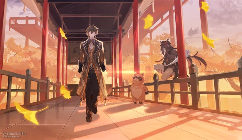 hu tao, zhongli, xiao, boo tao, and guoba (genshin impact) drawn by kukatsuma
