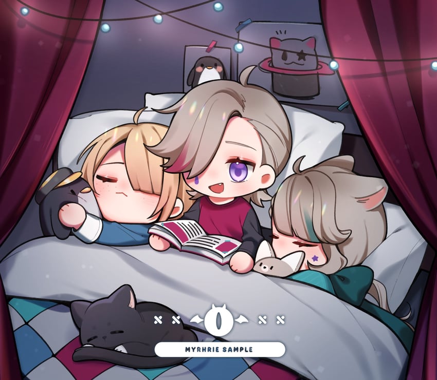 lynette, lyney, freminet, and pers (genshin impact) drawn by myrhrie
