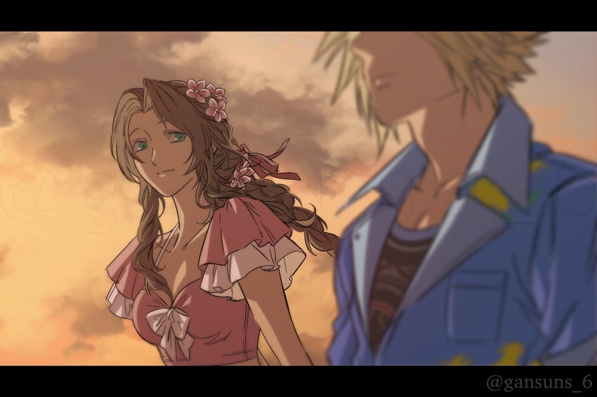 cloud strife and aerith gainsborough (final fantasy and 3 more) drawn by roku_(gansuns)