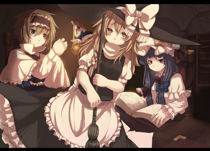 kirisame marisa, alice margatroid, patchouli knowledge, and shanghai doll (touhou) drawn by fuurin_(omaemona)