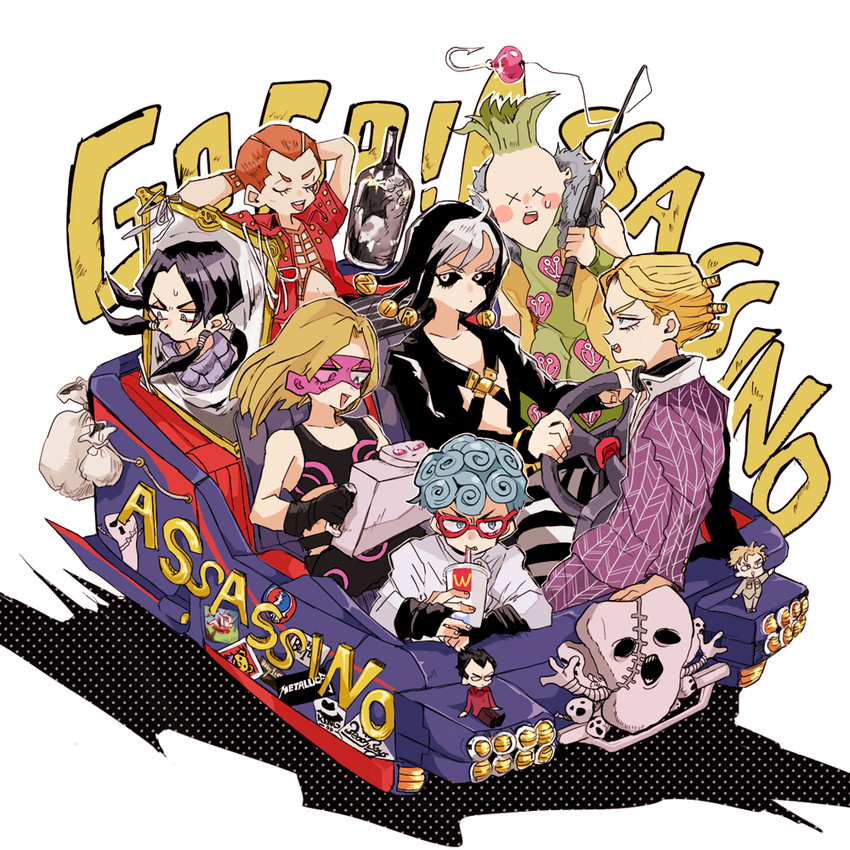prosciutto, risotto nero, melone, ghiaccio, illuso, and 4 more (jojo no kimyou na bouken and 2 more) drawn by sahau228