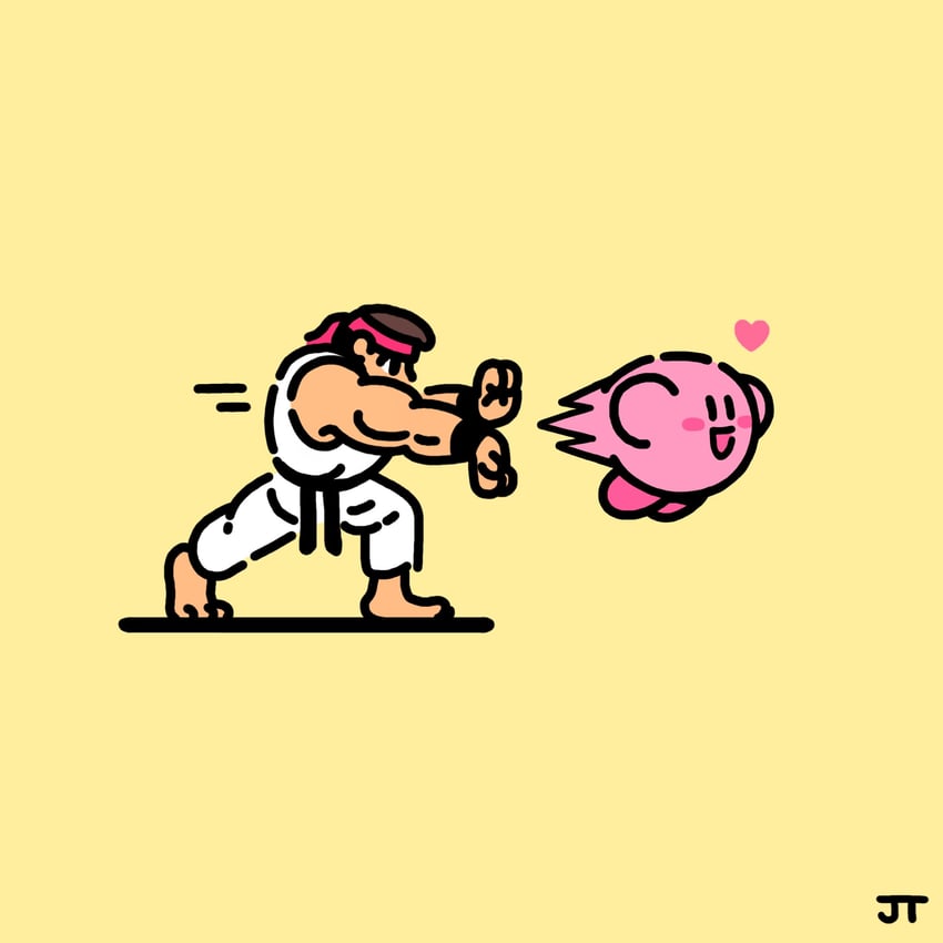 kirby and ryu (street fighter and 2 more) drawn by james_turner