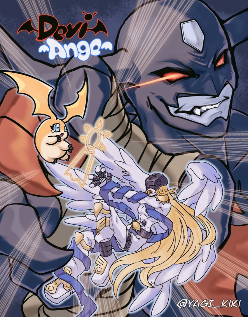 patamon, angemon, and devimon (digimon and 1 more) drawn by yagi_kiki