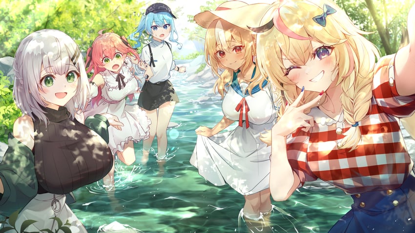 hoshimachi suisei, sakura miko, shirogane noel, shiranui flare, and omaru polka (hololive) drawn by tang-du