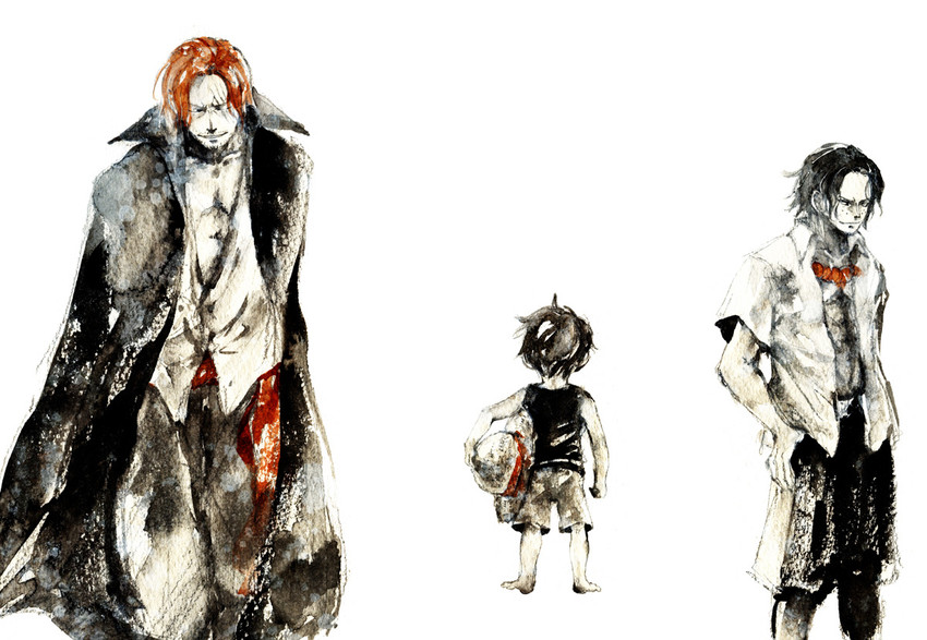 monkey d. luffy, portgas d. ace, and shanks (one piece) drawn by kusaco