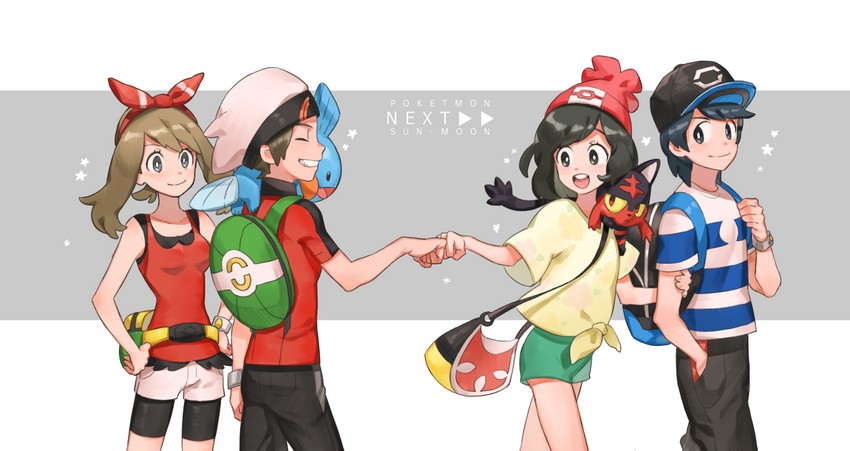 may, selene, brendan, elio, mudkip, and 1 more (pokemon and 2 more) drawn by hum_(fpswp777)