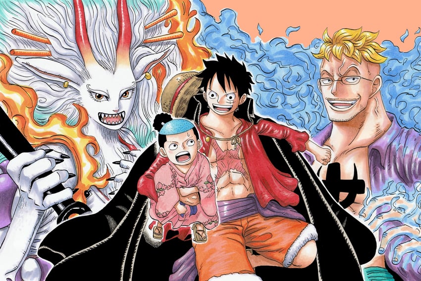 monkey d. luffy, yamato, kouzuki momonosuke, and marco (one piece) drawn by riku_(rikuw223xx)