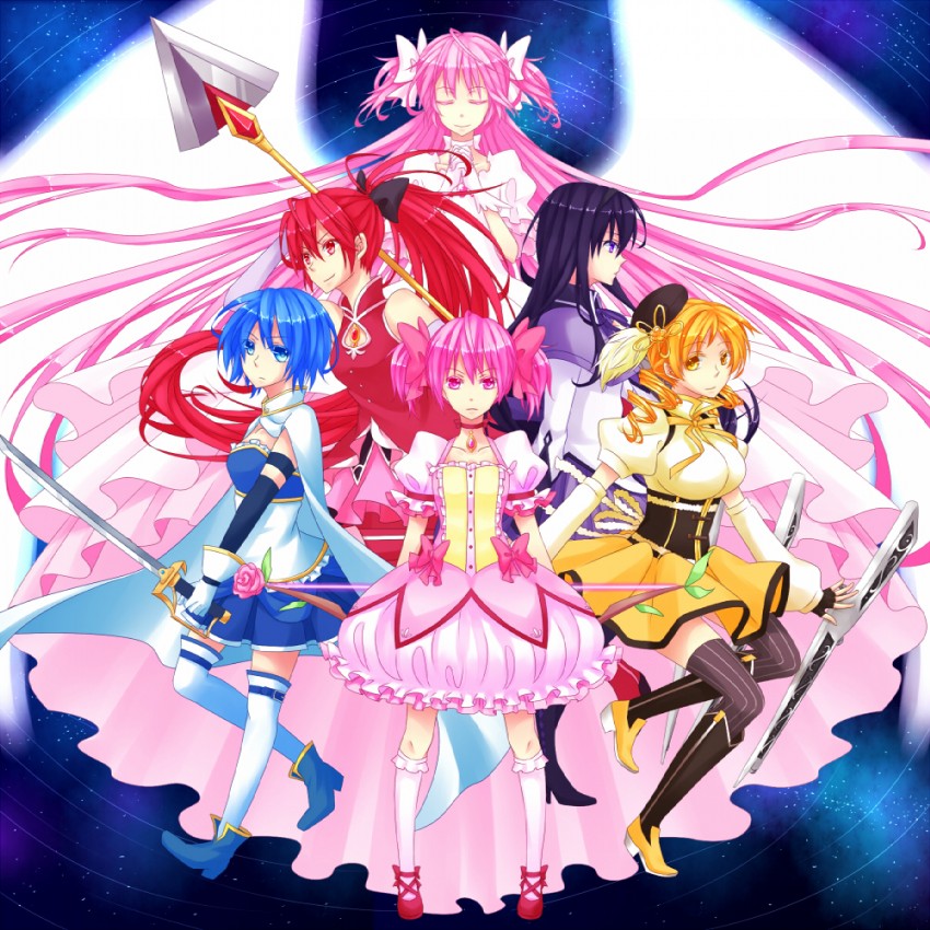 akemi homura, kaname madoka, miki sayaka, sakura kyoko, tomoe mami, and 1 more (mahou shoujo madoka magica) drawn by mozukugumi