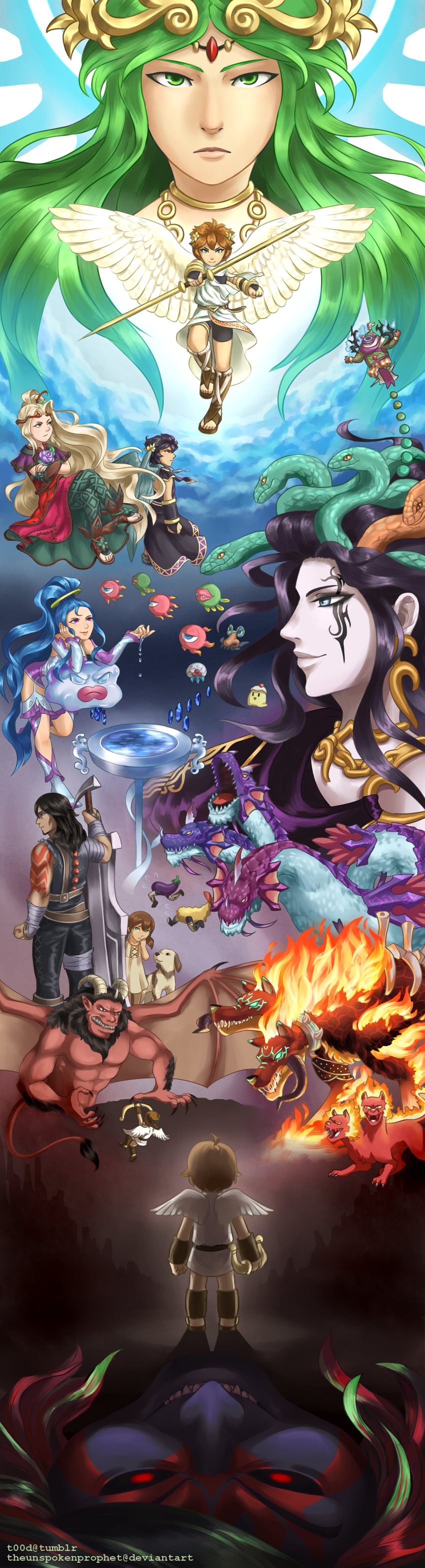 palutena, pit, dark pit, viridi, medusa, and 15 more (kid icarus and 2 more) drawn by toodlingart