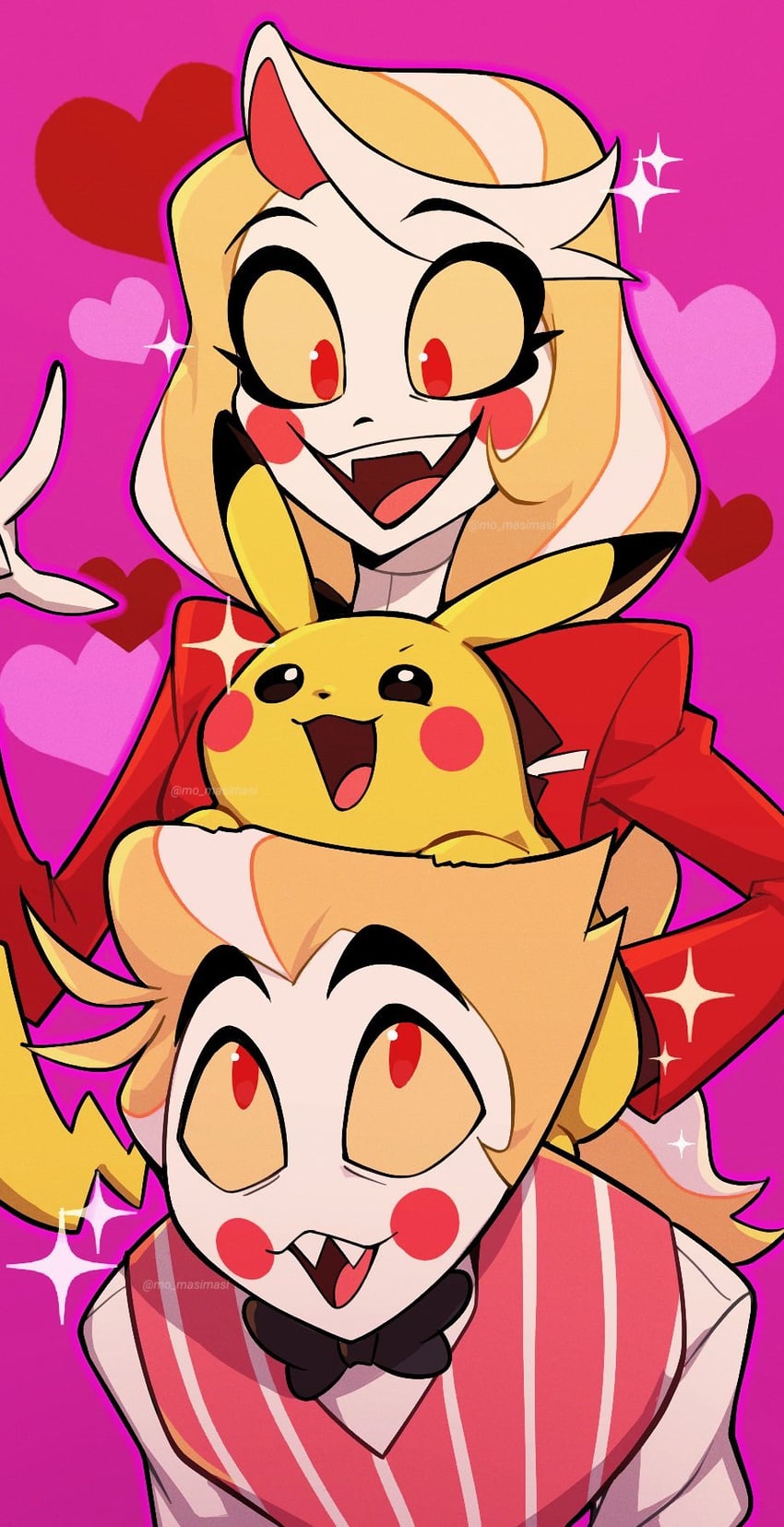 pikachu, lucifer morningstar, and charlie morningstar (pokemon and 1 more) drawn by mo_masimasi