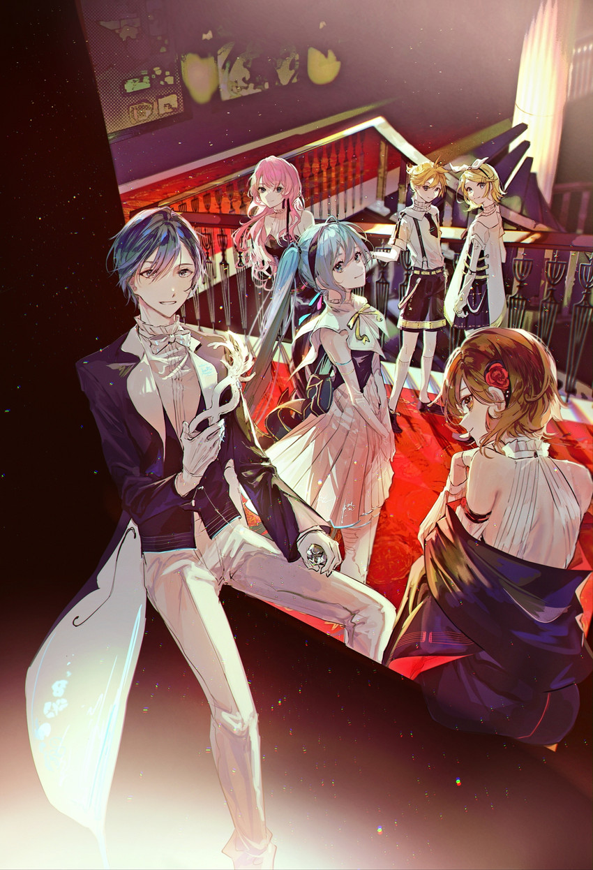 hatsune miku, kagamine rin, kagamine len, megurine luka, kaito, and 1 more (vocaloid and 1 more) drawn by karanagare