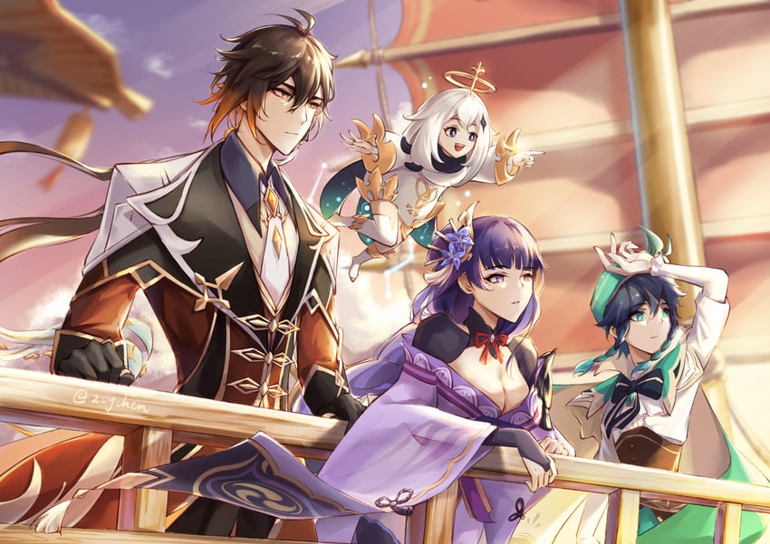 raiden shogun, zhongli, venti, and paimon (genshin impact) drawn by chenzcy