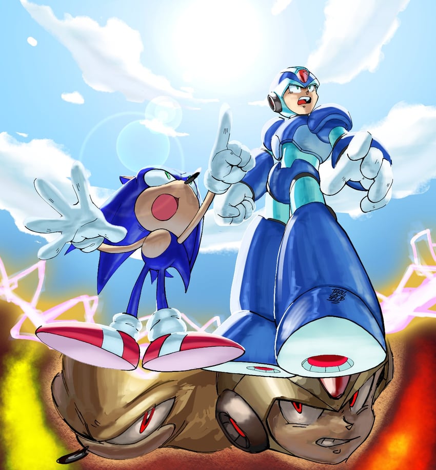 sonic the hedgehog, x, and super sonic (mega man and 2 more) drawn by terusada1