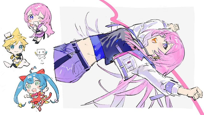 hatsune miku, kagamine len, megurine luka, wonderlands x showtime miku, tofu, and 2 more (vocaloid and 1 more) drawn by tnka_3