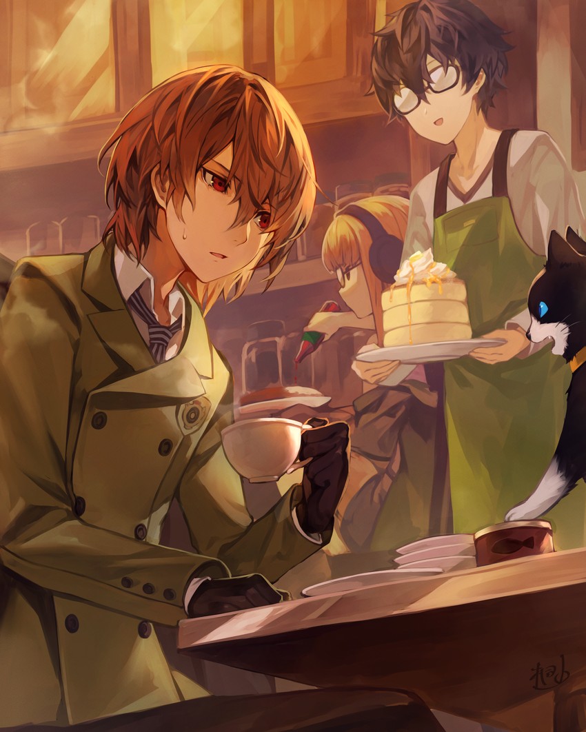 amamiya ren, sakura futaba, akechi gorou, and morgana (persona and 1 more) drawn by kiriyama2109
