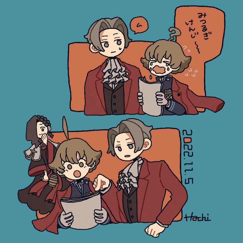 miles edgeworth, eustace winner, and verity gavelle (ace attorney and 2 more) drawn by hachichi_ii