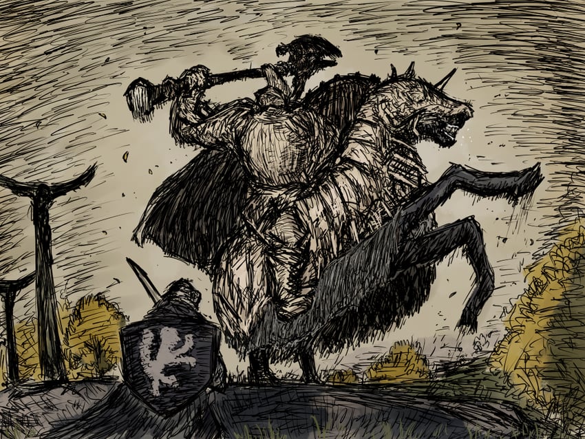 tarnished, vagabond, and tree sentinel (elden ring) drawn by sushi_yuusha_toro