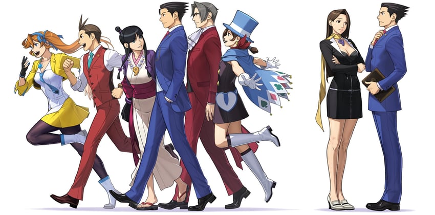 phoenix wright, miles edgeworth, maya fey, apollo justice, trucy wright, and 2 more (ace attorney) drawn by fuse_takuro
