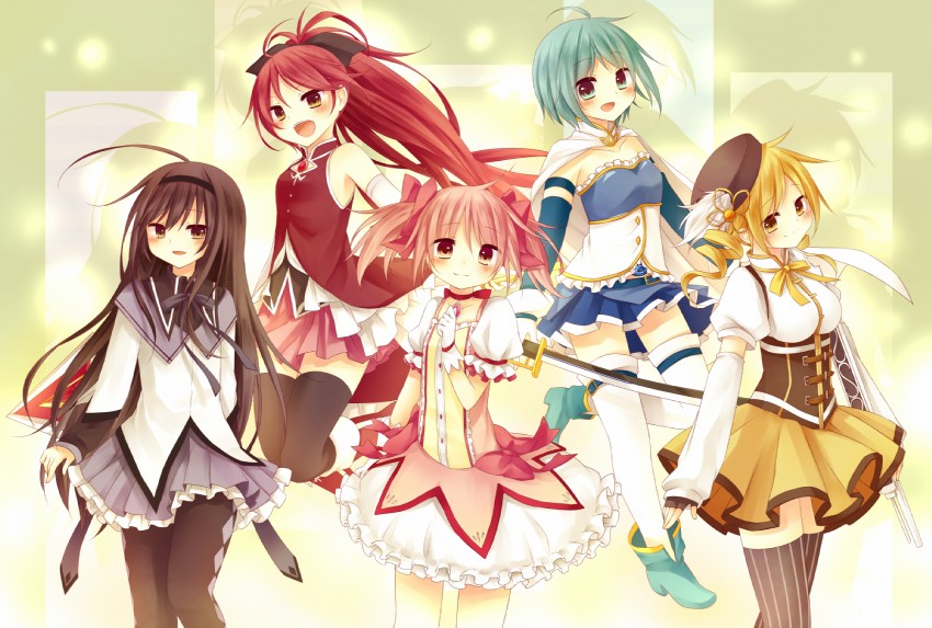 akemi homura, kaname madoka, miki sayaka, sakura kyoko, and tomoe mami (mahou shoujo madoka magica) drawn by amane_kurumi