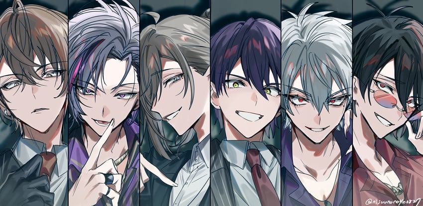 kuzuha, kanae, kenmochi touya, fuwa minato, yumeoi kakeru, and 1 more (nijisanji) drawn by ninahachi