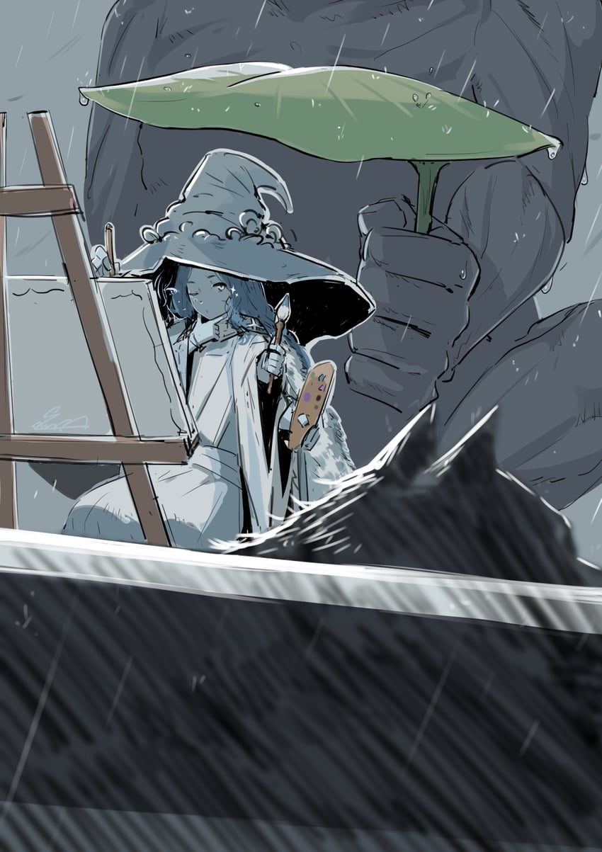ranni the witch, blaidd the half-wolf, and war counselor iji (elden ring) drawn by sawasa
