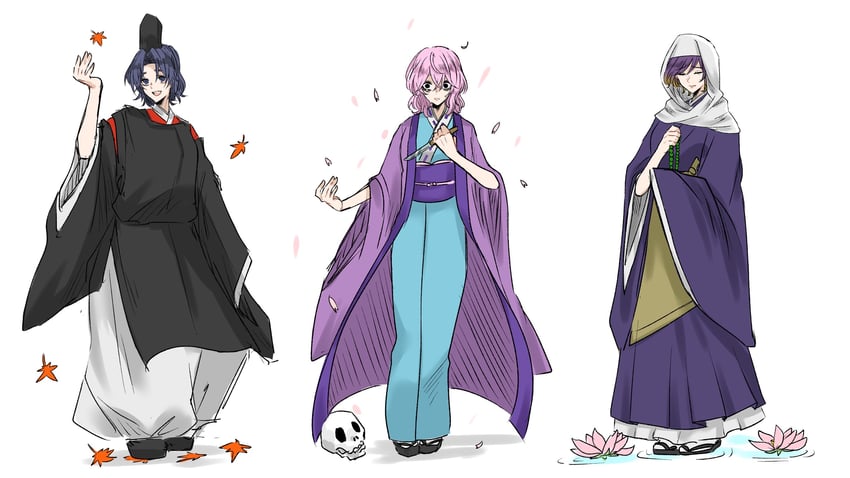saigyouji yuyuko, hijiri byakuren, and miyako yoshika (touhou) drawn by nap_muntarou