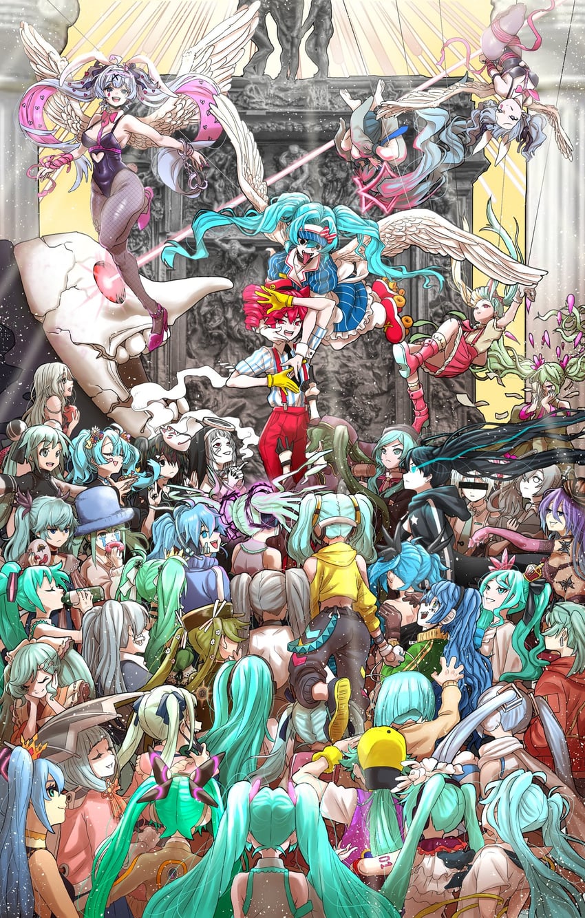 hatsune miku, kasane teto, black rock shooter, yuki miku, ene, and 1 more (vocaloid and 38 more) drawn by ayashi_enotami