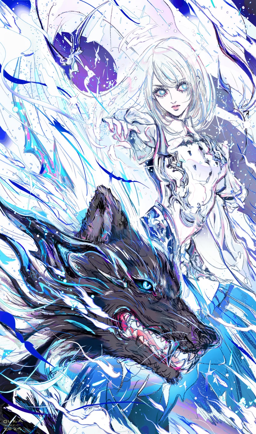 jill warrick, shiva, torgal, and fenrir (final fantasy and 1 more) drawn by oju_(ouka)