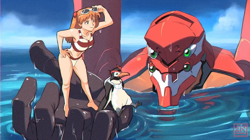 souryuu asuka langley, eva 02, and penpen (neon genesis evangelion) drawn by zestysauce
