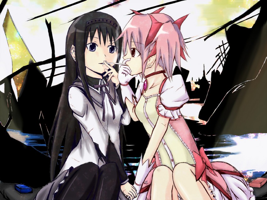 akemi homura and kaname madoka (mahou shoujo madoka magica) drawn by forest_(4423)
