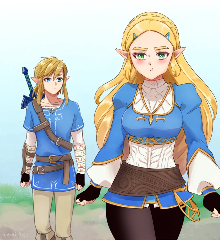 link and princess zelda (the legend of zelda and 1 more) drawn by teraichigo