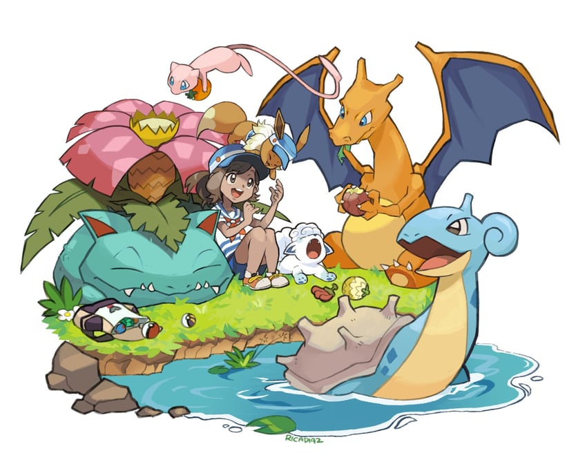 eevee, charizard, mew, alolan vulpix, lapras, and 2 more (pokemon and 1 more) drawn by rica_diaz