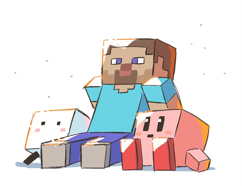 kirby, steve, and qbby (kirby and 4 more) drawn by rariatto_(ganguri)
