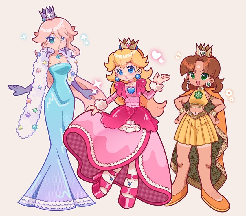 princess peach, rosalina, and princess daisy (mario and 1 more) drawn by marikyuunn