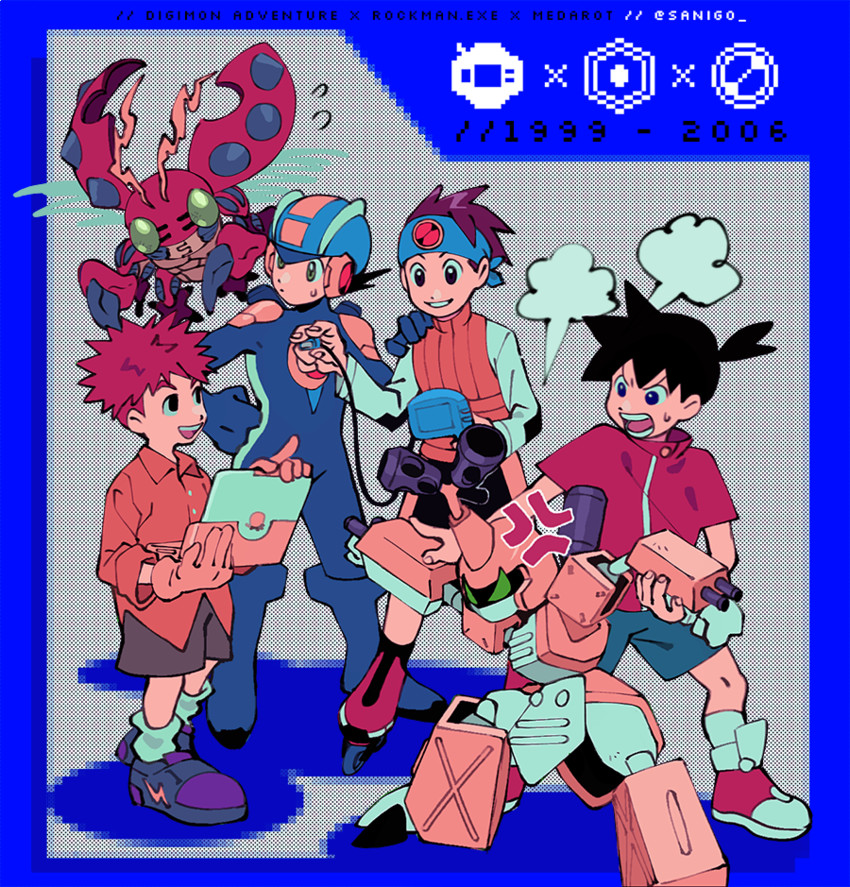 megaman.exe, lan hikari, izumi koshiro, tentomon, metabee, and 1 more (mega man and 5 more) drawn by sanigo