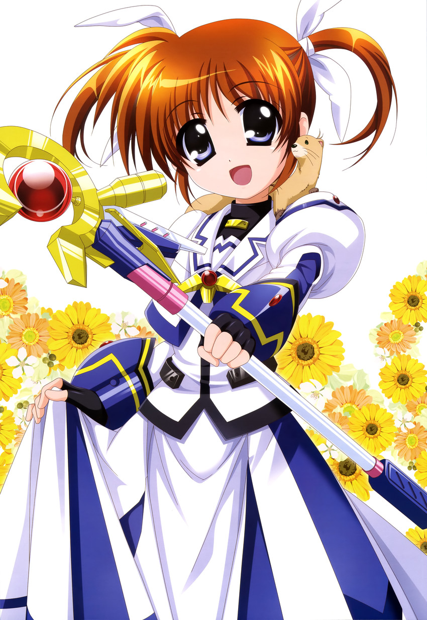 takamachi nanoha, raising heart, and yuuno scrya (lyrical nanoha and 3 more) drawn by higa_yukari