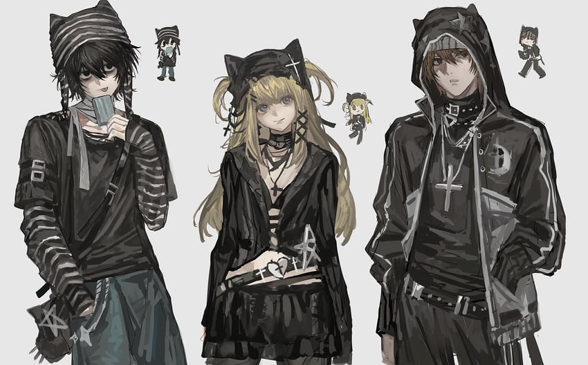 yagami light, l, and amane misa (death note) drawn by huang_du_du