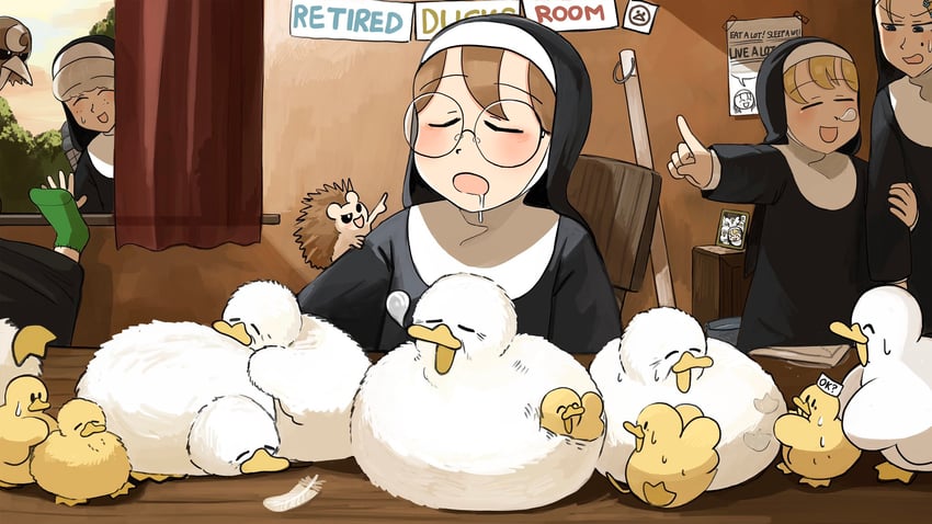 clumsy nun, froggy nun, strict nun, sheep nun, and glasses nun (little nuns) drawn by diva_(hyxpk)