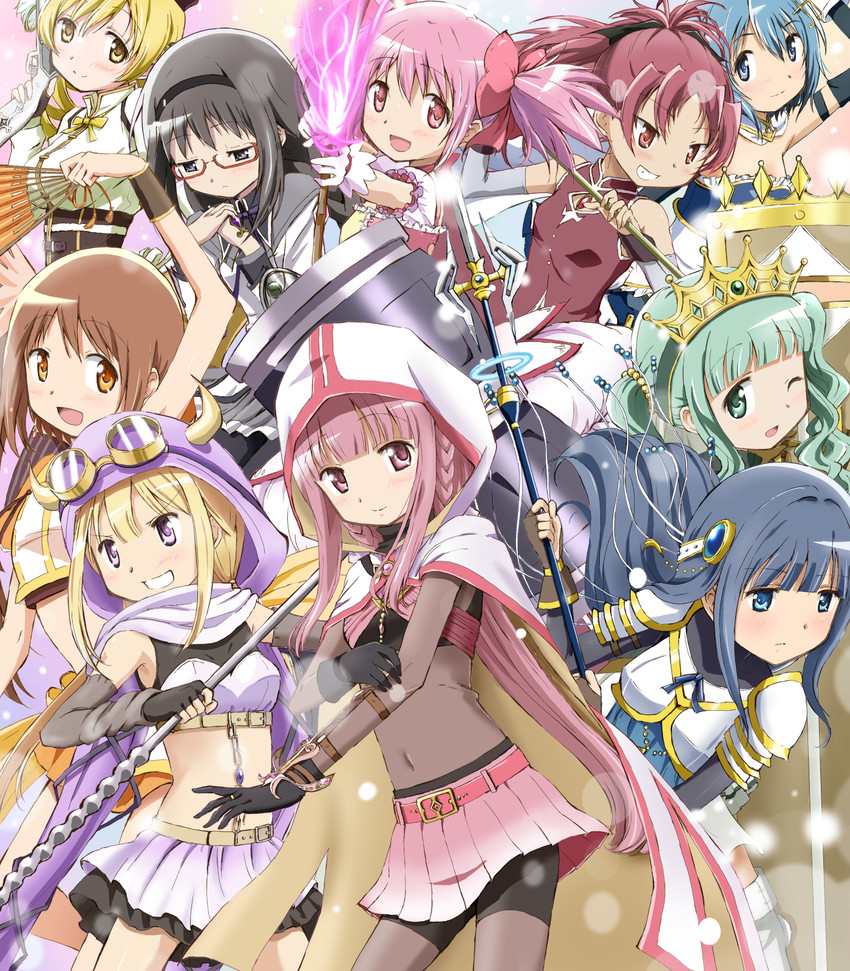 akemi homura, kaname madoka, miki sayaka, sakura kyoko, tomoe mami, and 5 more (mahou shoujo madoka magica and 1 more) drawn by kinfuji