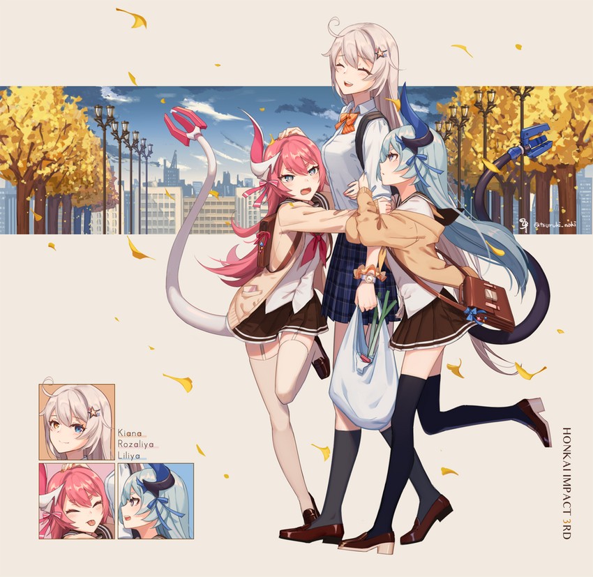 kiana kaslana, rozaliya olenyeva, and liliya olenyeva (honkai and 1 more) drawn by tsuruki_noki