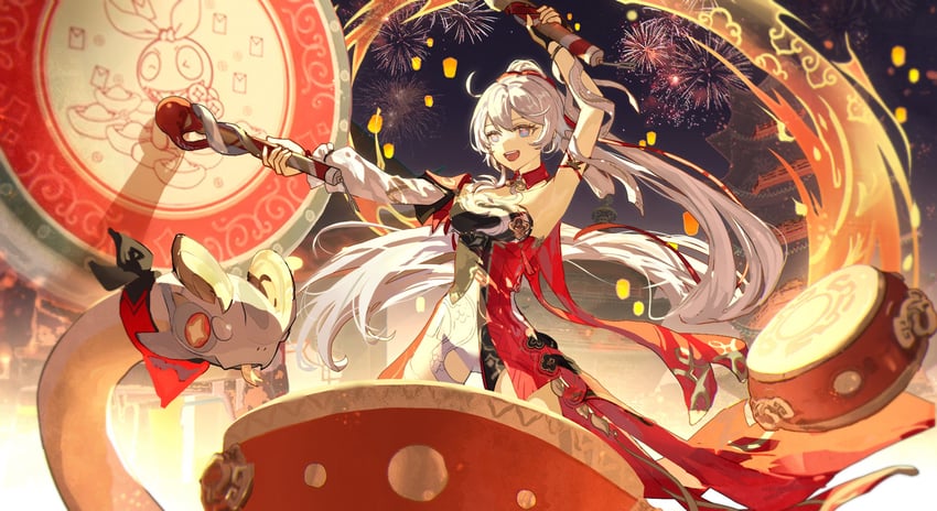 kiana kaslana and rice cake (honkai and 1 more) drawn by inixixi